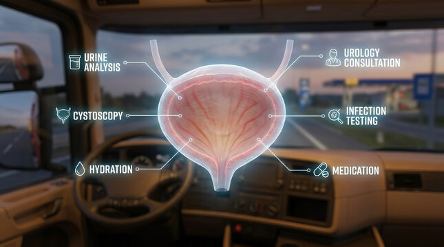 Urinary bladder with holographic medical analysis showing urine analysis, cystoscopy, hydration, urology consultation, infection testing, and medication in vehicle interior background