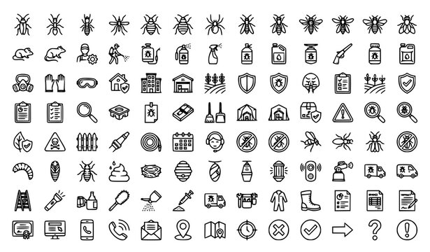 House Pest Control Outline Icons with Insecticide Sprayer Prevention and Editable Stroke Vector Set