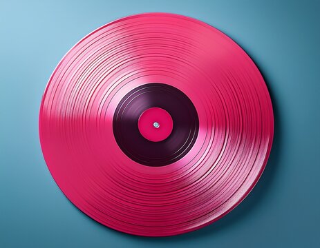 a vibrant pink vinyl record sits on a light blue background showcasing its glossy surface and concentric grooves the central label is a darker maroon