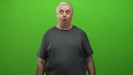 Fototapeta premium Senior man puckering lips with visible mouth and forearms, wearing grey tshirt in studio green screen; quirky expression surprise.