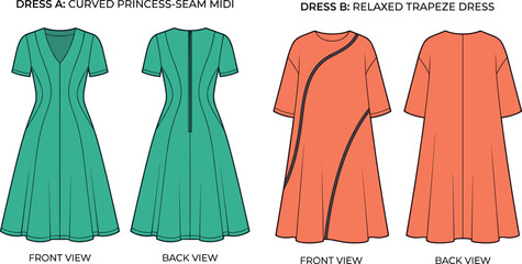Fashion technical flat sketch of women princess seam and relaxed trapeze dresses front and back view © Radongo