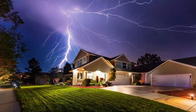 electric storm casting vivid bolts above a home in the suburbs