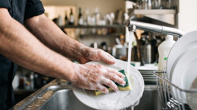A person with soapy hands scrubs a white ceramic plate under a running metal kitchen faucet with bright natural lighting