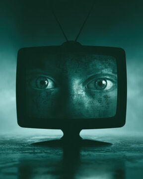 A smart tv displays an eye chart while two pupils appear to watch in a dark teal environment.