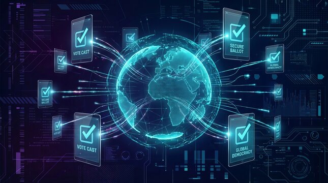 Digital globe surrounded by glowing checkmark icons representing global compliance and verification systems in a futuristic network