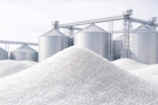 Large pile of raw refined crystal sugar or salt granules resting before massive industrial grain silos