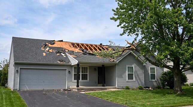 A suburban house with a severely damaged grey roof caused by a fallen tree limb during a major storm event