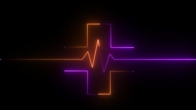 Abstract glowing neon heartbeat signal icon animation medical concept.Purple and Orange line on black background,symbolizing dedication in medical care and commitment to patient health.4k motion video