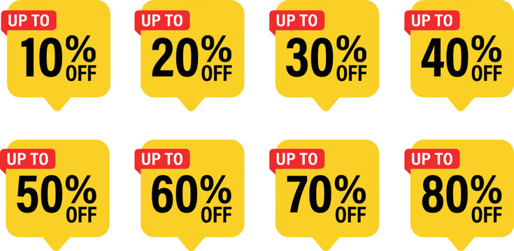 Sale discount tag set featuring up to 10 20 30 40 50 60 70 80 percent off yellow price tags vector illustration isolated on white background
