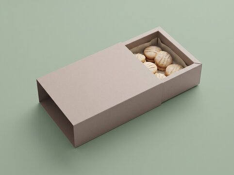 Minimalist Cardboard Box with Gourmet Cookies Isolated on Soft Green Background Mockup