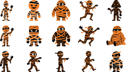 Set of cute cartoon mummy characters in various poses for halloween party decorations and festive graphic design projects