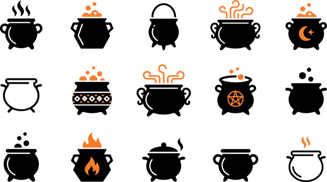 Set of black witch cauldron icons for halloween celebration featuring various magic pots with steam and fire elements