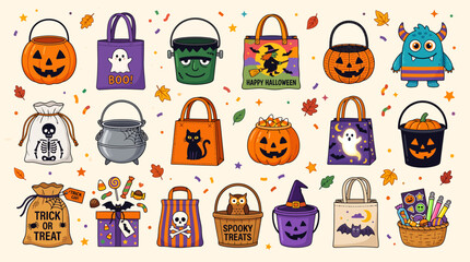 Fototapeta premium Halloween Trick or Treat Bags and Candy Buckets Collection with Cute Pumpkin, Ghost, Witch, Monster and Spooky Cartoon Elements Vector Set