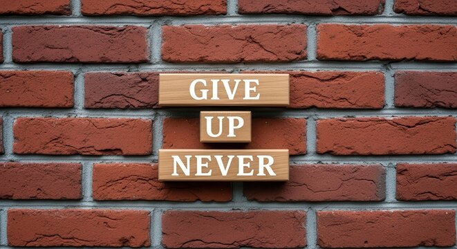 Inspirational Give Up Never Message on Wooden Blocks Against a Red Brick Wall Background