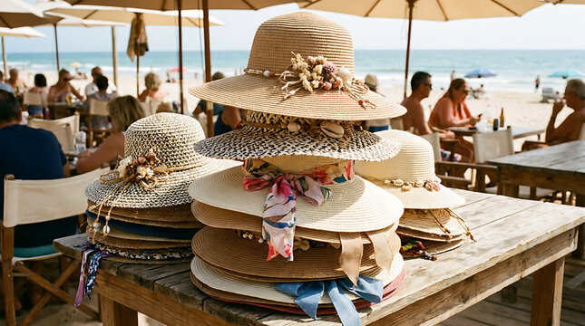 Stacked Summer Sun Hats Displayed on a Table at the Beach
