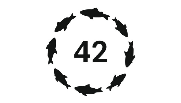 Fish silhouettes circle the number forty-two on a clean white background to create a unique graphic.