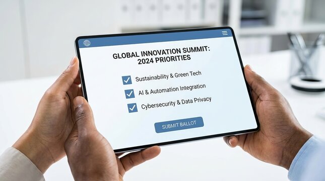 Person holding a digital tablet displaying a business survey or customer feedback form in an office setting