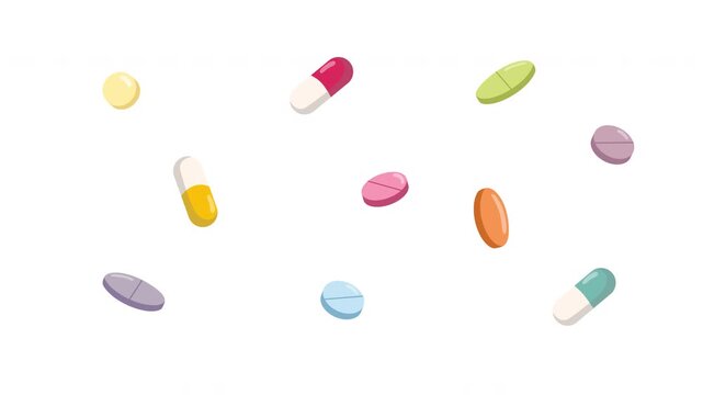Colorful medical capsules and pills fotating loop animation, floating medicine pattern background