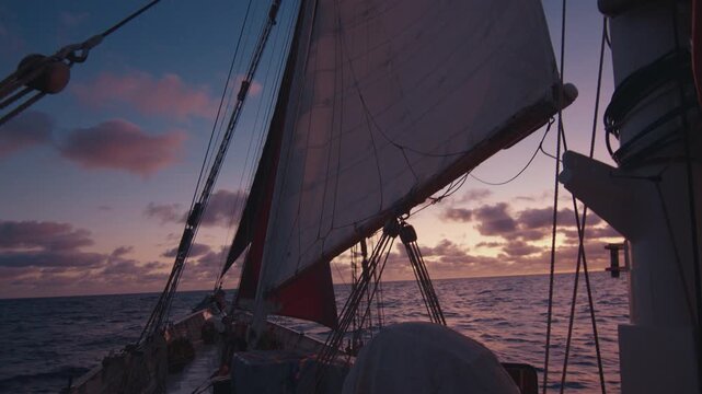 Big sailing boat moves in the Atlantic Ocean under the sails