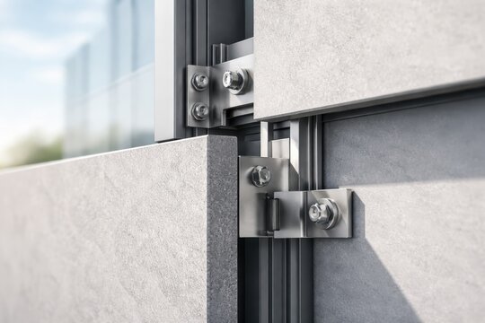 Close up of stainless steel mounting brackets securing stone facade panels on an exterior building framing system