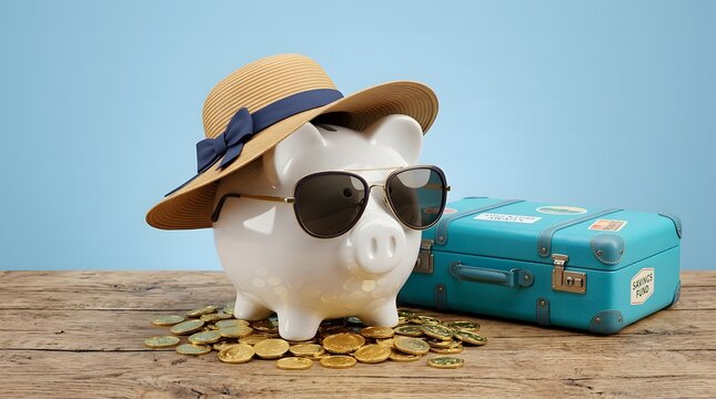 A white piggy bank wearing a summer straw hat and stylish sunglasses sits beside a blue vintage suitcase