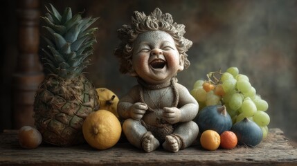 Fototapeta premium Playful Sculpture Depicting A Joyful Child Surrounded By Vibrant Fresh Fruits On A Charming Rustic Wooden Table
