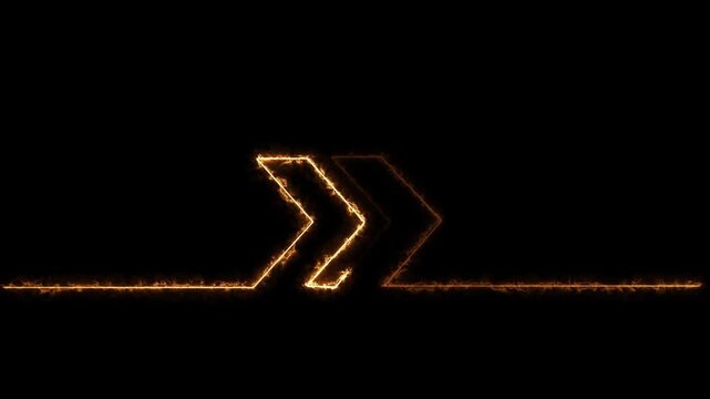 Fiery Glowing Orange Fire Chevron Arrow Motion Graphic Loop Moving Right Directional Pointer Vector Animation on Black Background for Speed Dynamic Forward Navigation and Energy Overlay