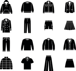 Modern Seasonal Wardrobe Apparel Icon Set with Black Silhouette Symbols of Hoodies Outerwear Jackets Sweaters Pants and Skirts for Retail E-Commerce Shopping Apps Vector Designs © Edo Rifandi!