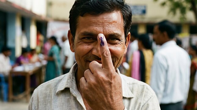 A smiling indian man proudly showing his inked finger after casting his vote in a national election
