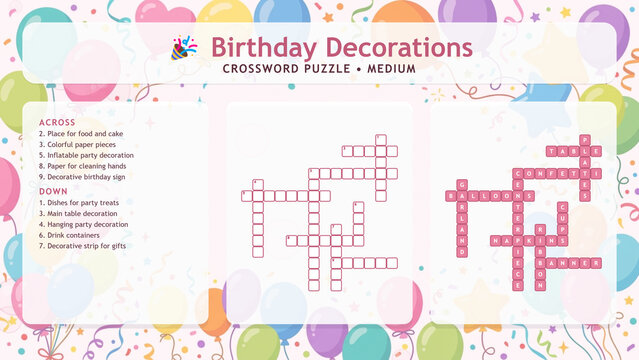 Birthday Decorations themed educational crossword puzzle game with grid and clues. Flat lay template for school worksheets, celebration activity books, and kids party blogs on blurred background.