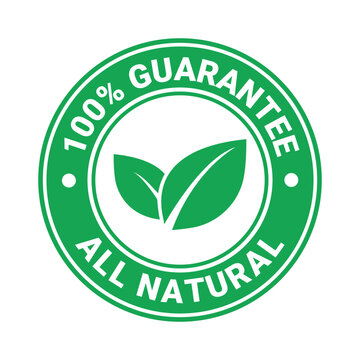 Circular green seal with two leaves and text a guarantee of all natural products badge