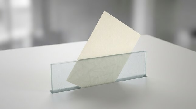 A blank white card held in a clear acrylic stand on a clean minimalist office desk surface
