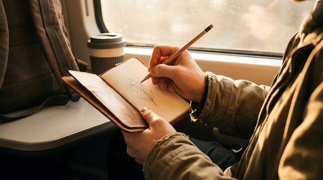 Person sketching in notebook during train travel.