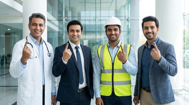 Diverse group of professional men representing different careers standing together and pointing fingers at the camera