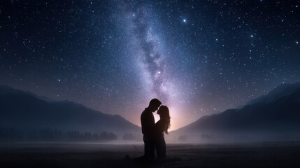 Obraz premium Romantic Silhouette Of A Couple Under A Starry Night Sky With The Milky Way And Mountains In The Background