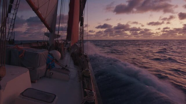 Big sailing boat moves in the Atlantic Ocean under the sails