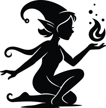 Fantasy elf silhouette, magical fairy with fire, mythical creature vector art