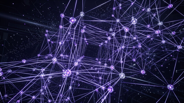 3D digital network structure featuring glowing purple spherical nodes and connecting lines on a dark background with floating particles, representing molecular biology or data grid science