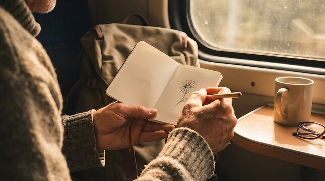 Person sketching on a train.