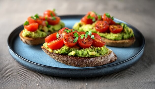 delicious avocado and tomato bruschetta on toasted bread