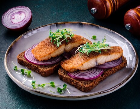 delicious fried fish fillets on toasted rye bread with red onion and microgreens