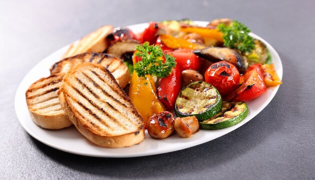 grilled vegetable medley with toasted bread on a white plate