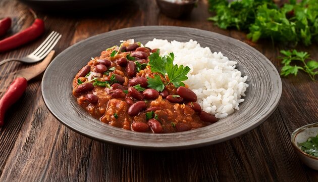 hearty vegan bean chili with rice and fresh herbs on rustic table