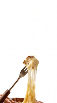Deliciously melted cheese stretching from a piece of bread on a fork, a classic comfort food experience