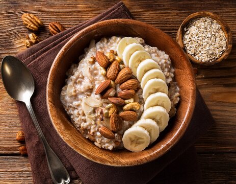 hearty oatmeal with banana and nuts on rustic wooden table