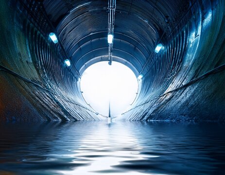 illuminated sewer tunnel water flowing industrial background infrastructure inspection