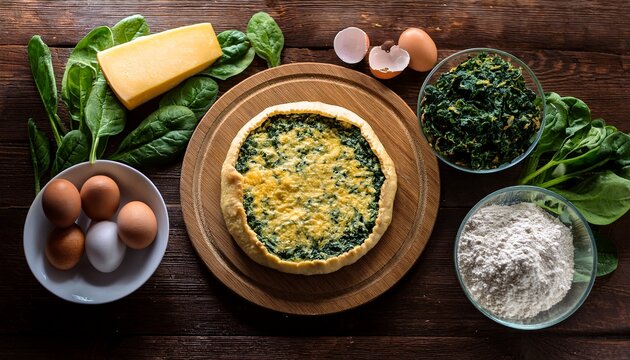 ingredients for a delicious homemade spinach and cheese pie on a rustic wooden table