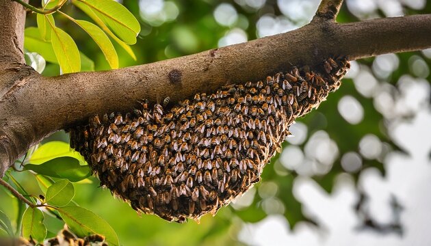 large swarm of honey bees nesting on a tree branch