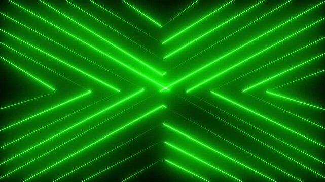 Abstract techno background with green neon lights.Abstract technology background with bright neon lights. Bright geometric pattern cross shape for party illumination. Seamless loop.4k video.