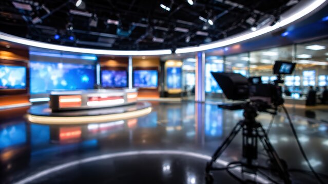 Blurred news studio background television broadcast room professional camera media production station digital display screens
